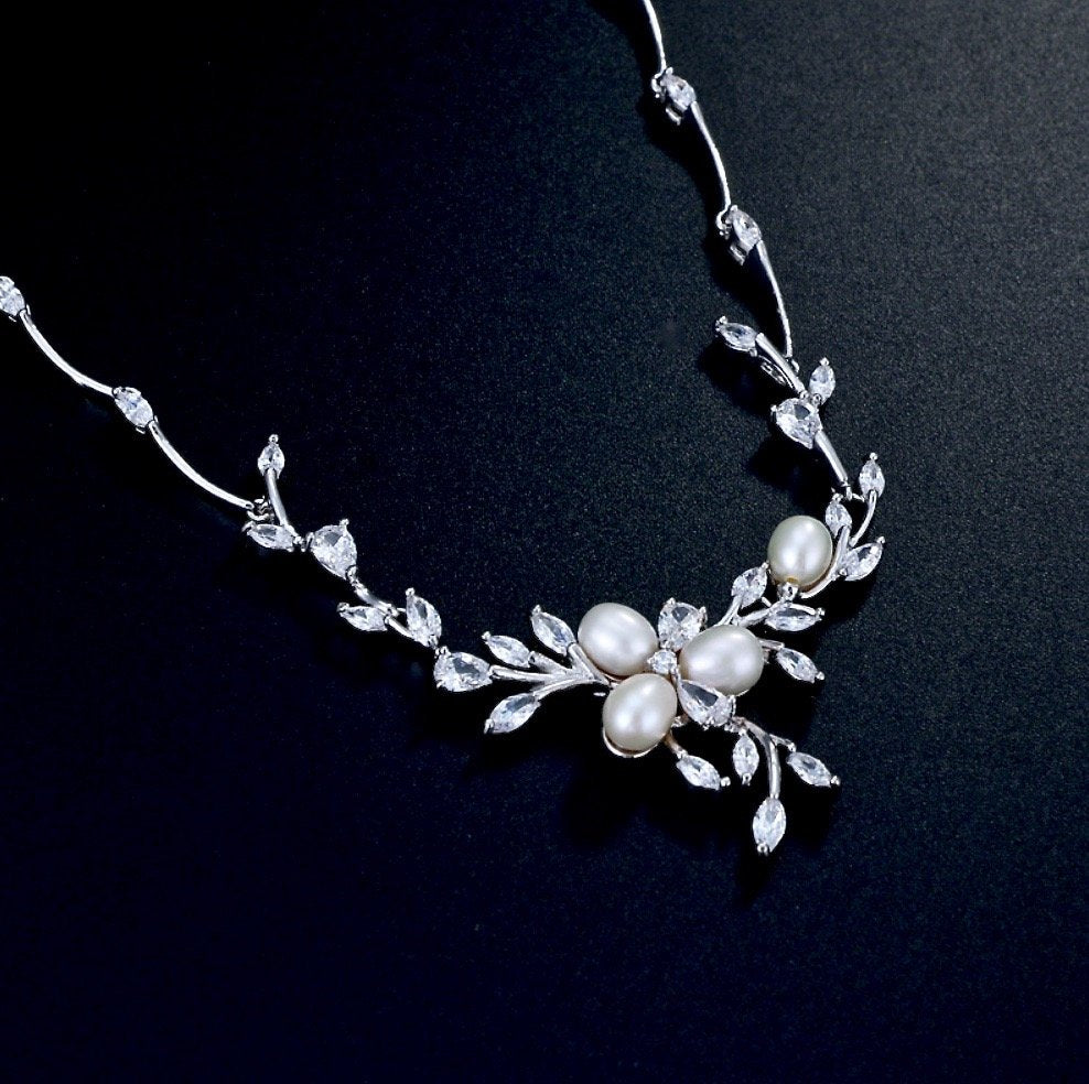 Anna - Freshwater Pearl and Cubic Zirconia Bridal Jewelry Set - Available in Silver, Rose Gold and Yellow Gold