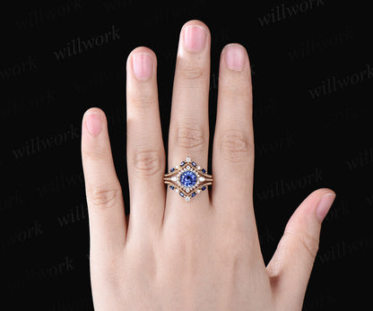 Vintage round natural tanzanite ring set unique moissanite halo milgrain ring curved matching bands yellow gold bridal set