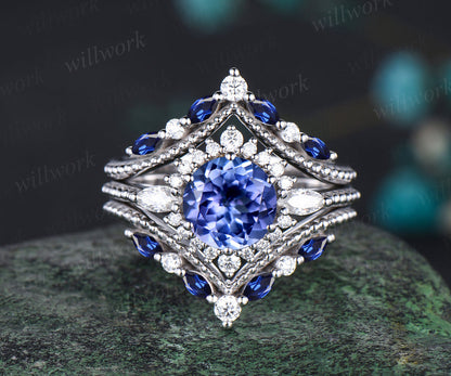 Vintage round natural tanzanite ring set unique moissanite halo milgrain ring curved matching bands yellow gold bridal set