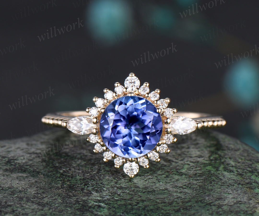 Vintage round natural tanzanite ring set unique moissanite halo milgrain ring curved matching bands yellow gold bridal set
