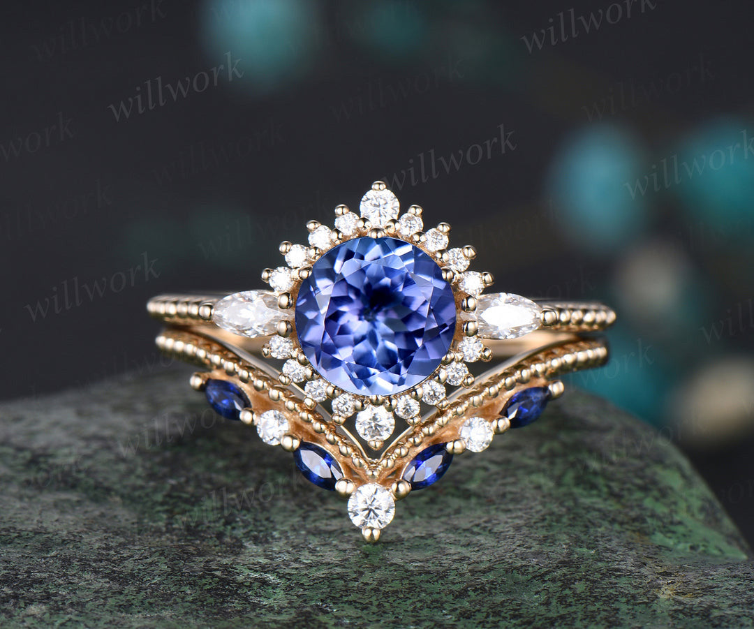 Vintage round natural tanzanite ring set unique moissanite halo milgrain ring curved matching bands yellow gold bridal set