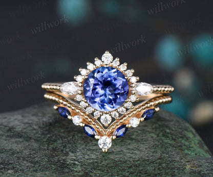 Vintage round natural tanzanite ring set unique moissanite halo milgrain ring curved matching bands yellow gold bridal set