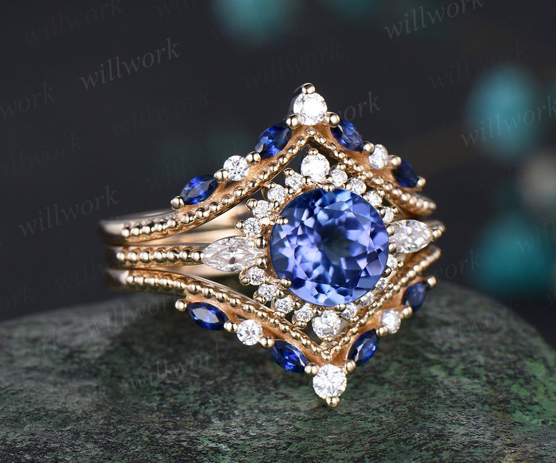 Vintage round natural tanzanite ring set unique moissanite halo milgrain ring curved matching bands yellow gold bridal set