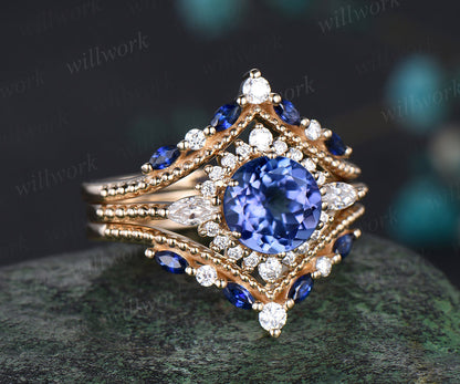 Vintage round natural tanzanite ring set unique moissanite halo milgrain ring curved matching bands yellow gold bridal set