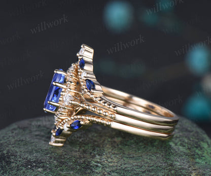 Vintage round natural tanzanite ring set unique moissanite halo milgrain ring curved matching bands yellow gold bridal set