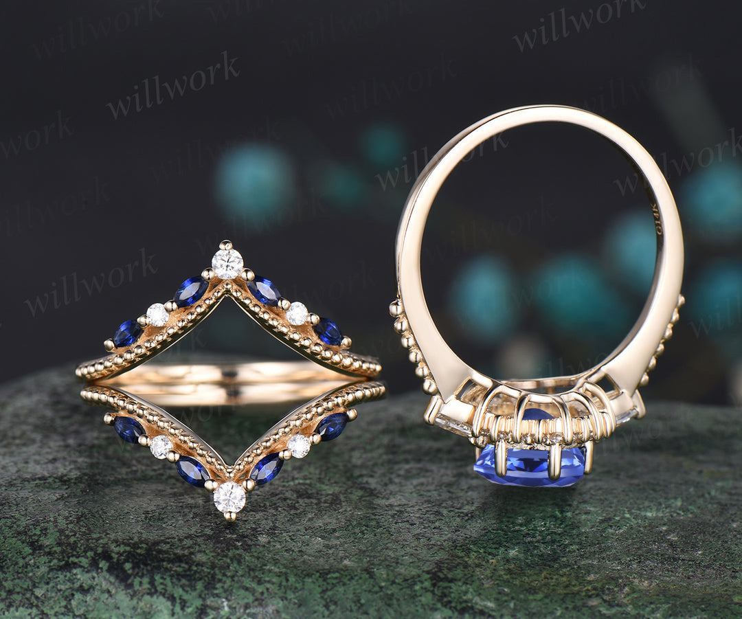 Vintage round natural tanzanite ring set unique moissanite halo milgrain ring curved matching bands yellow gold bridal set