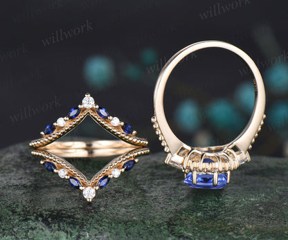 Vintage round natural tanzanite ring set unique moissanite halo milgrain ring curved matching bands yellow gold bridal set