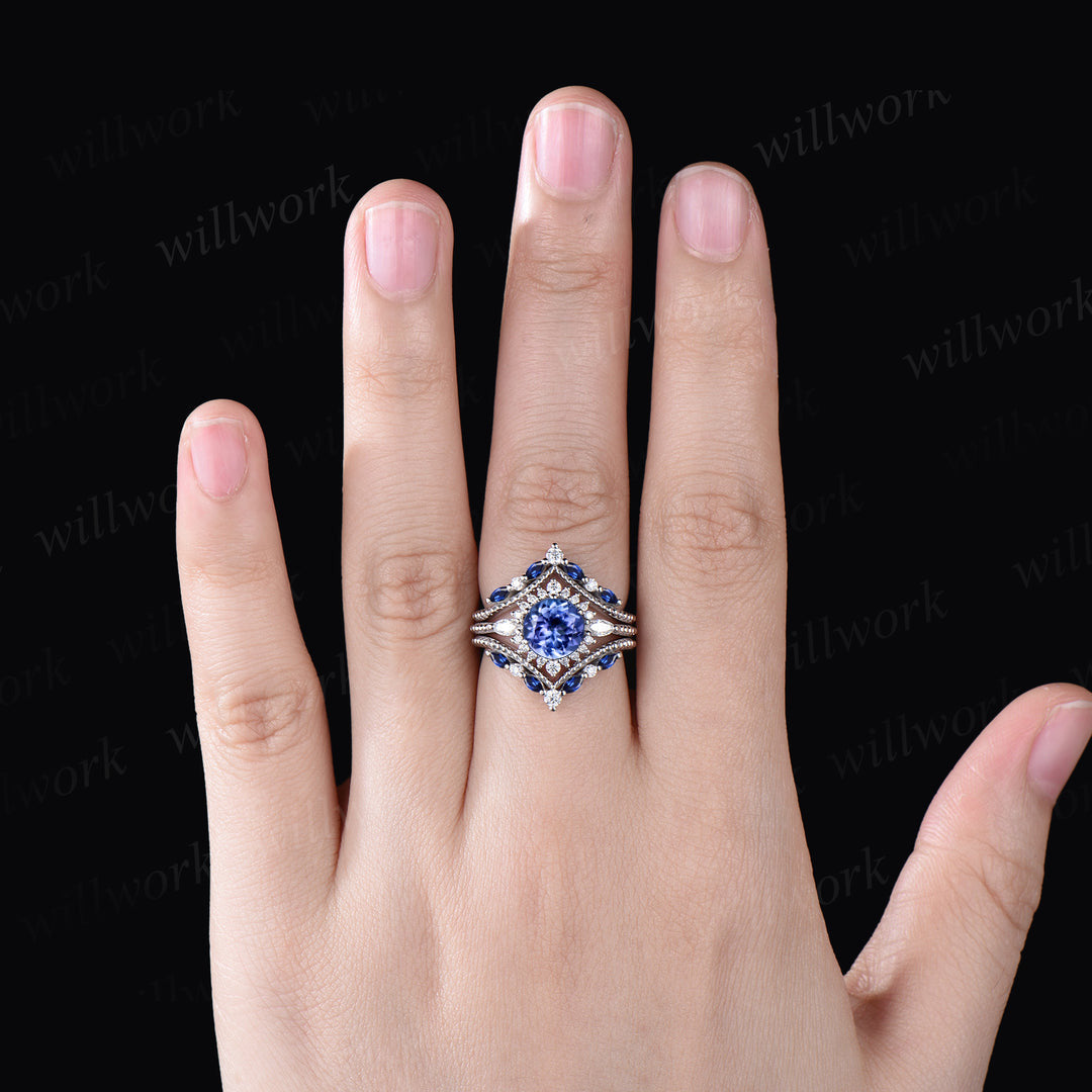 Vintage round natural tanzanite ring set unique moissanite halo milgrain ring curved matching bands yellow gold bridal set