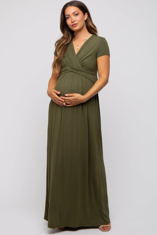 PinkBlush Olive Draped Maternity/Nursing Maxi Dress