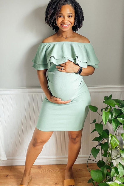 Sage Off Shoulder Fitted Maternity Dress
