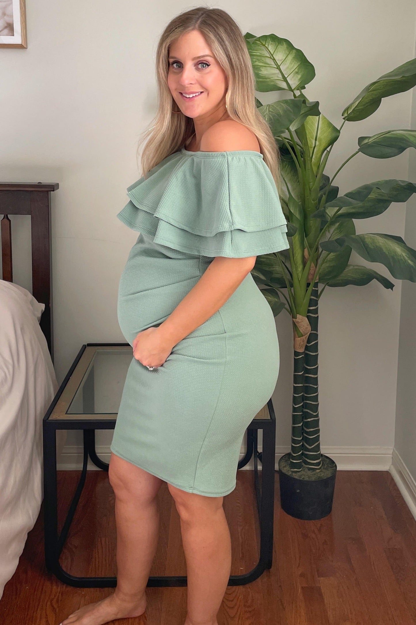 Sage Off Shoulder Fitted Maternity Dress