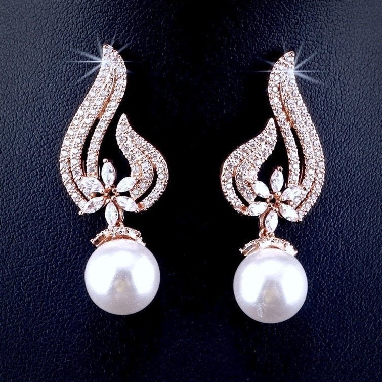 Lavinia - Pearl and Cubic Zirconia Bridal Earrings - Available in Silver, Rose Gold and Yellow Gold