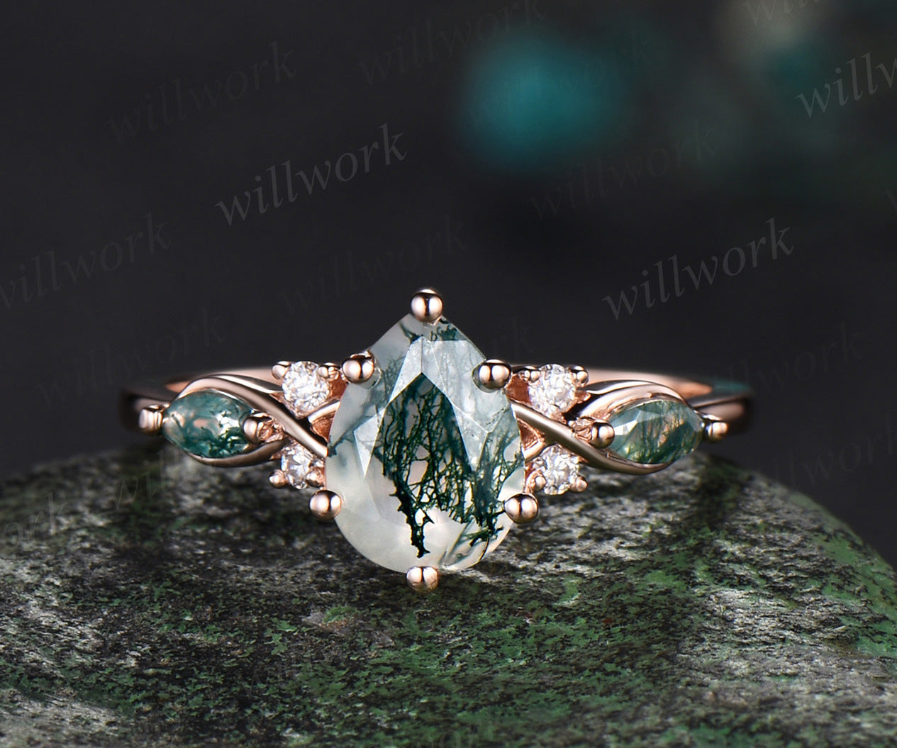 Pear moss agate engagement ring set bezel opal Celtic knot wedding ring band moon bridal set 14k rose gold