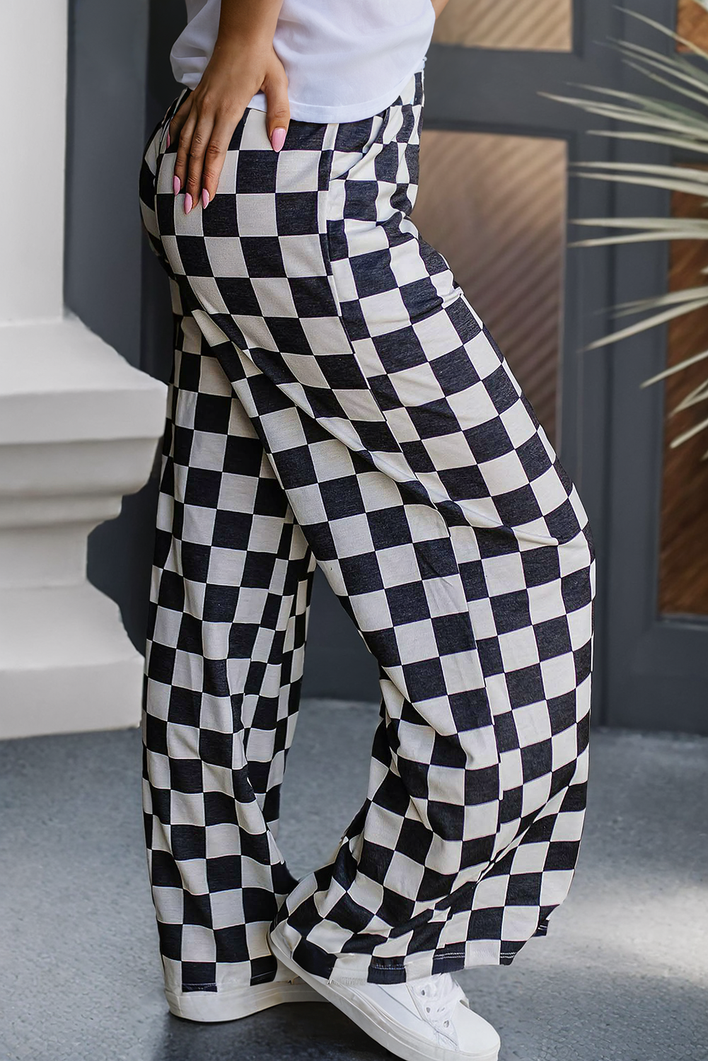 Checker Print Wide Leg Pants