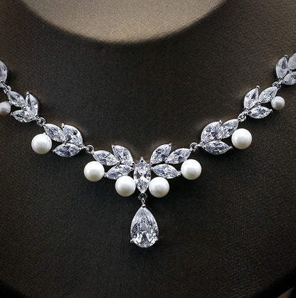 Irene - Silver Cubic Zirconia and Pearl Bridal Jewelry Set