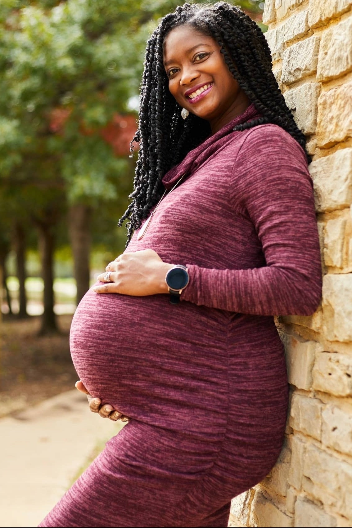 Burgundy Knit Long Sleeve Cowl Neck Maternity Dress
