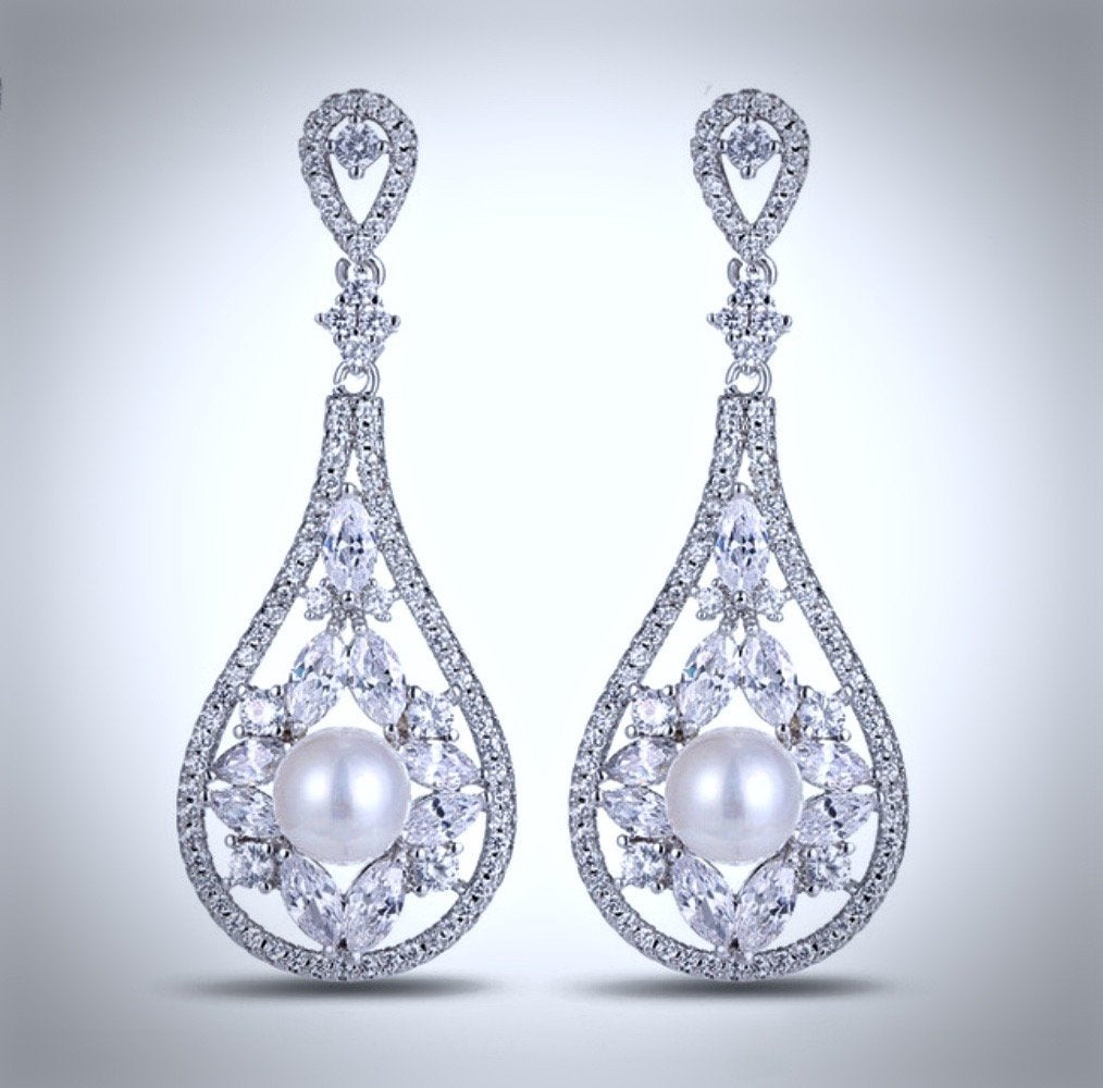 Josephine - Pearl and Cubic Zirconia Bridal Earrings