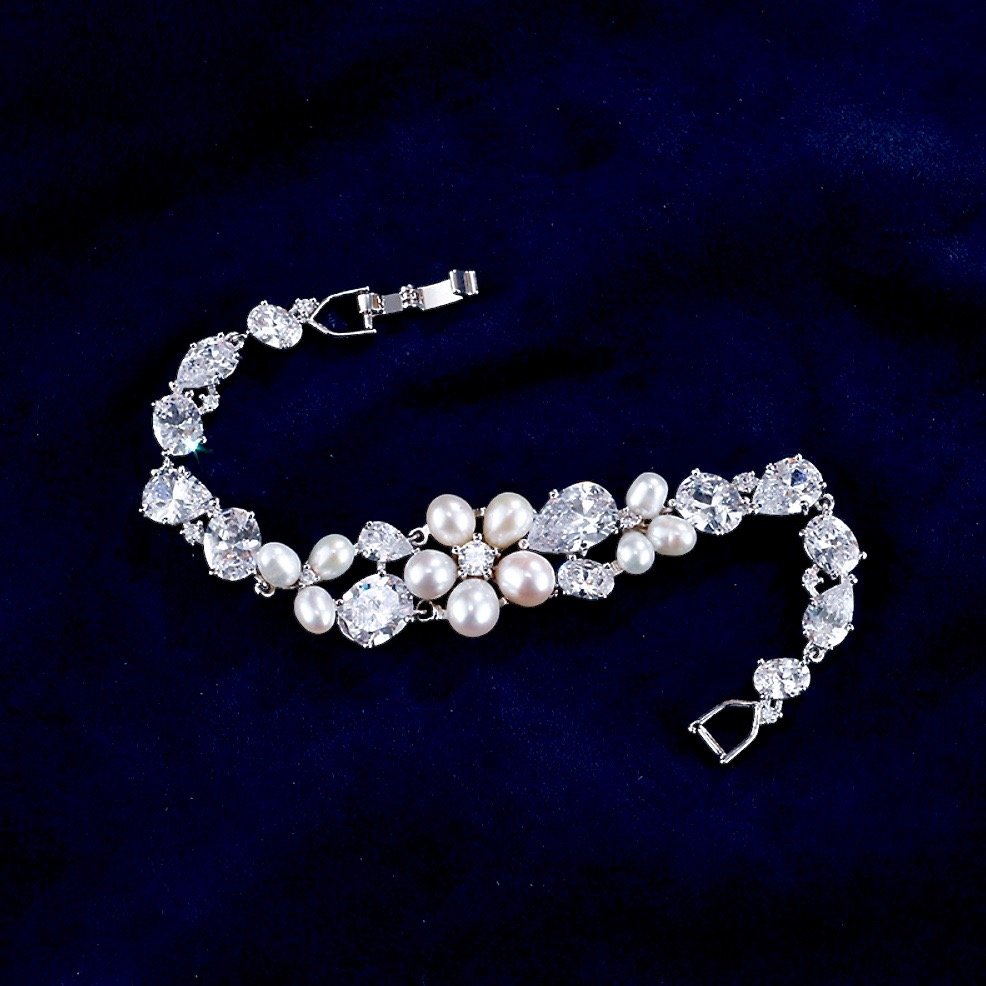 Eloise - Freshwater Pearl and Cubic Zirconia Bridal Bracelet - Available in Rose Gold and Silver