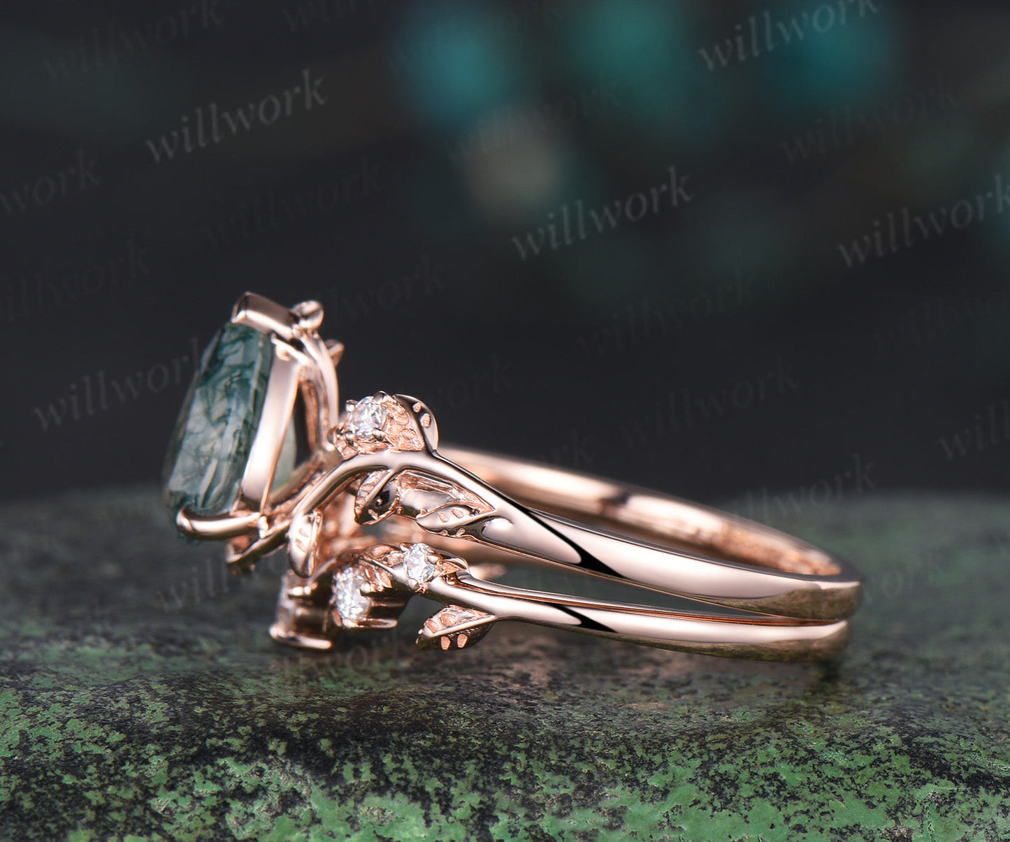 Leaf Pear shaped moss agate engagement ring set solid 14k white gold three stone diamond art deco ring women unique wedding ring set