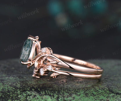 Leaf Pear shaped moss agate engagement ring set solid 14k white gold three stone diamond art deco ring women unique wedding ring set
