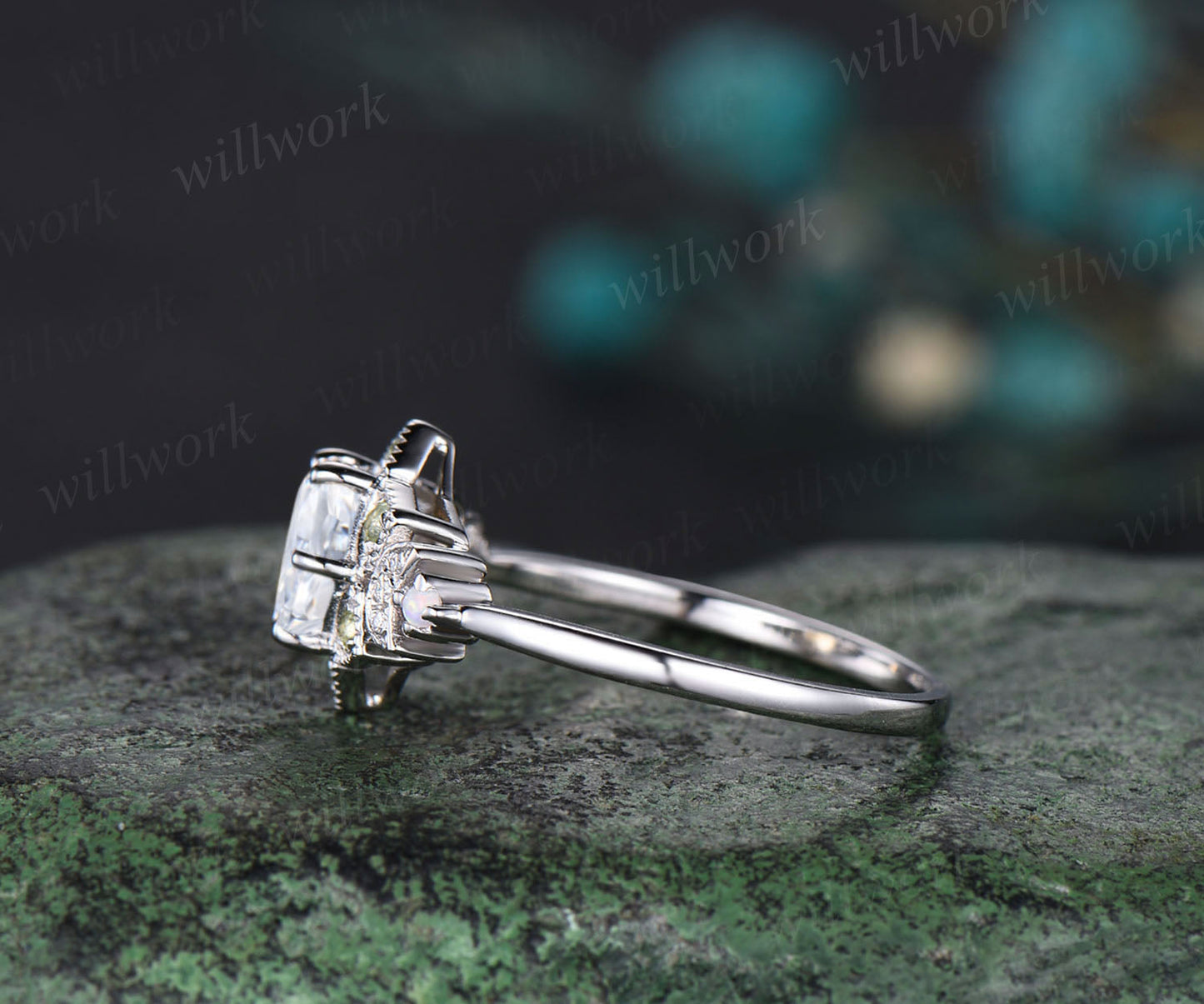 Vintage Hexagon moissanite engagement ring Unique 14K white Gold Floral moissanite Halo Wedding Promise Ring Natural Peridot Anniversary Ring