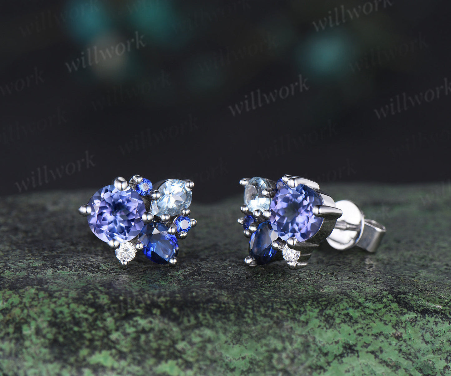 Dainty Round Cut Natural Tanzanite Stud Earrings 14K white Gold Blue Sapphire Aquamarine Cluster Multi-Stone Earrings December Birthstone Earrings