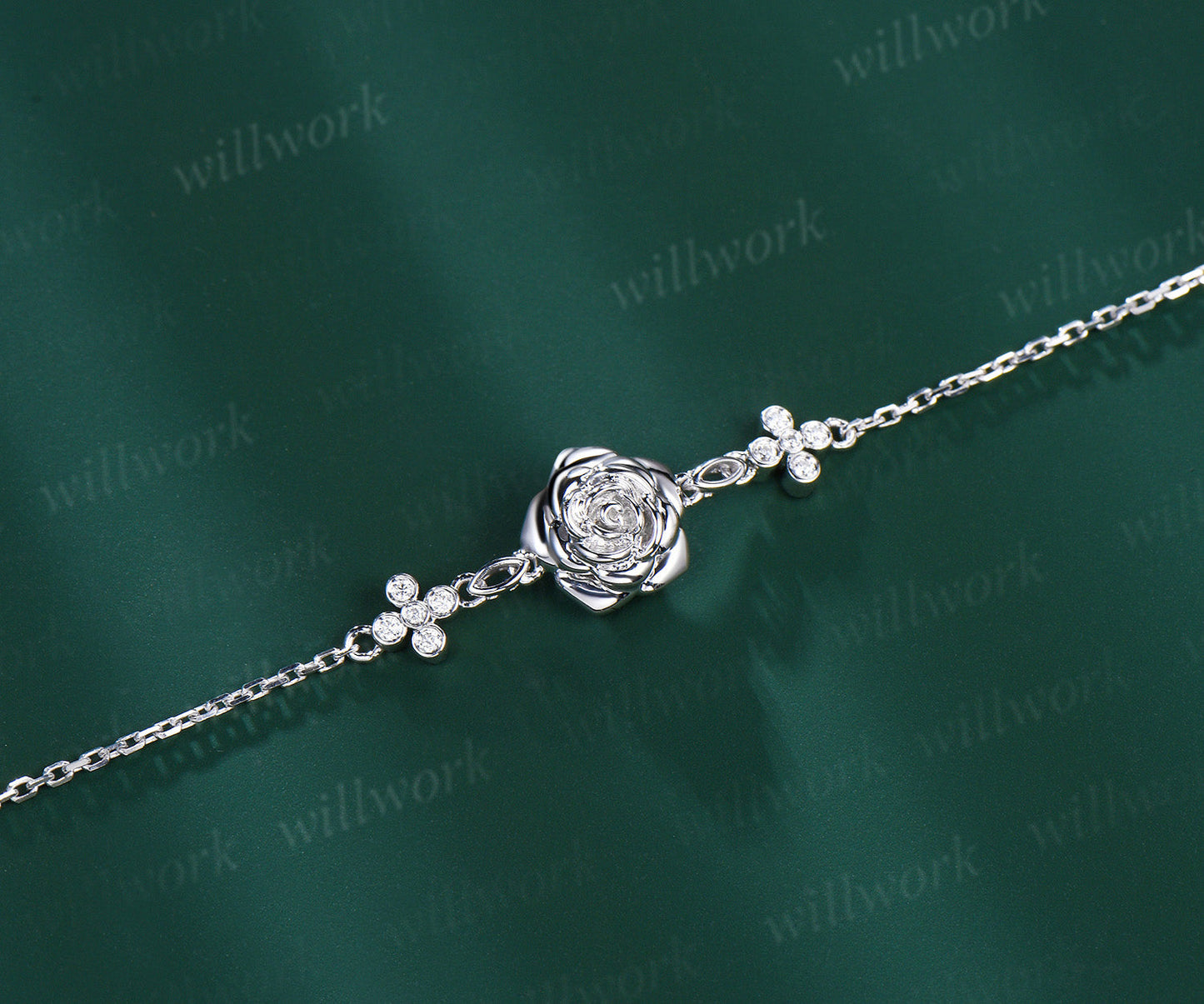 Vintage 18k Genuine white Rose Flower Chain Bracelet Nature Inspired Moissanite Floral Gold Link Bracelet Stylish Adjustable Bracelet Women