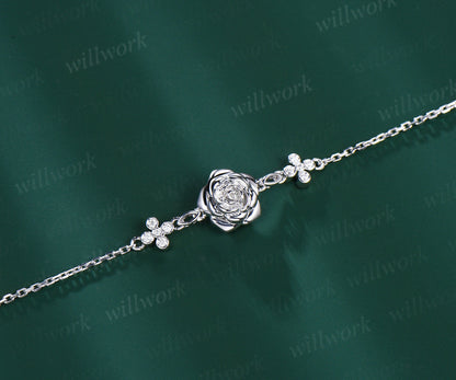 Vintage 18k Genuine white Rose Flower Chain Bracelet Nature Inspired Moissanite Floral Gold Link Bracelet Stylish Adjustable Bracelet Women