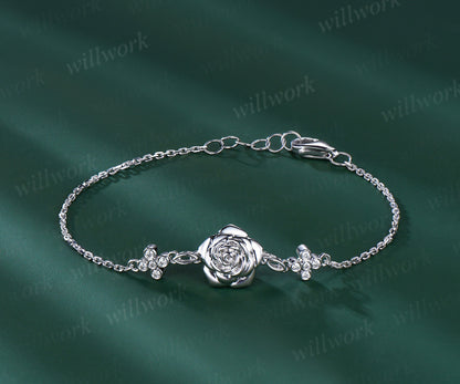 Vintage 18k Genuine white Rose Flower Chain Bracelet Nature Inspired Moissanite Floral Gold Link Bracelet Stylish Adjustable Bracelet Women
