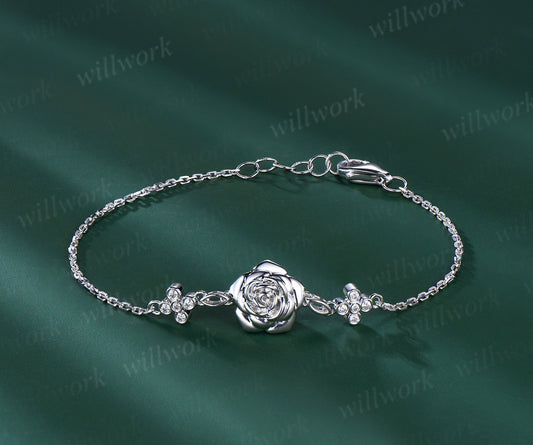 Vintage 18k Genuine white Rose Flower Chain Bracelet Nature Inspired Moissanite Floral Gold Link Bracelet Stylish Adjustable Bracelet Women