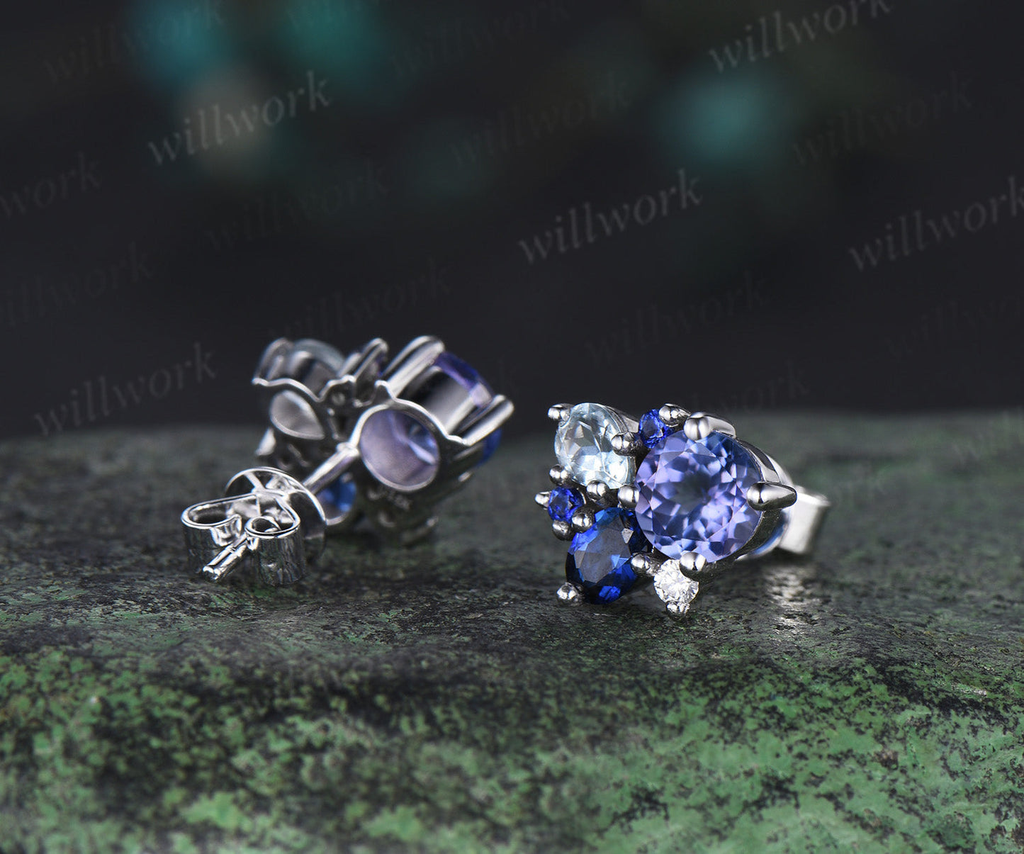 Dainty Round Cut Natural Tanzanite Stud Earrings 14K white Gold Blue Sapphire Aquamarine Cluster Multi-Stone Earrings December Birthstone Earrings