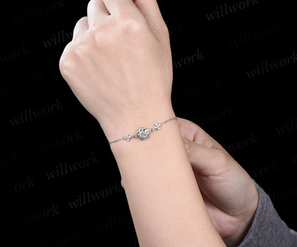 Vintage 18k Genuine white Rose Flower Chain Bracelet Nature Inspired Moissanite Floral Gold Link Bracelet Stylish Adjustable Bracelet Women
