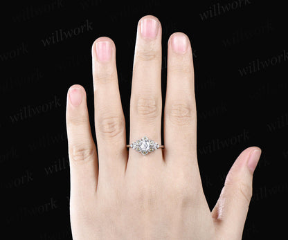 Vintage Hexagon moissanite engagement ring Unique 14K white Gold Floral moissanite Halo Wedding Promise Ring Natural Peridot Anniversary Ring