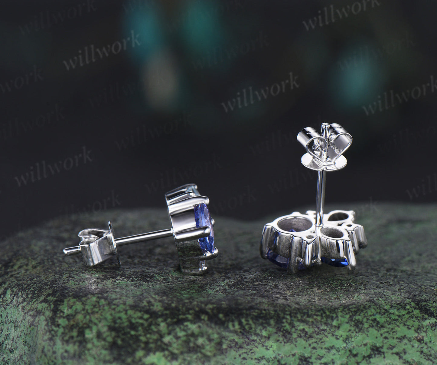 Dainty Round Cut Natural Tanzanite Stud Earrings 14K white Gold Blue Sapphire Aquamarine Cluster Multi-Stone Earrings December Birthstone Earrings