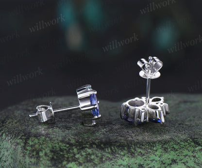 Dainty Round Cut Natural Tanzanite Stud Earrings 14K white Gold Blue Sapphire Aquamarine Cluster Multi-Stone Earrings December Birthstone Earrings