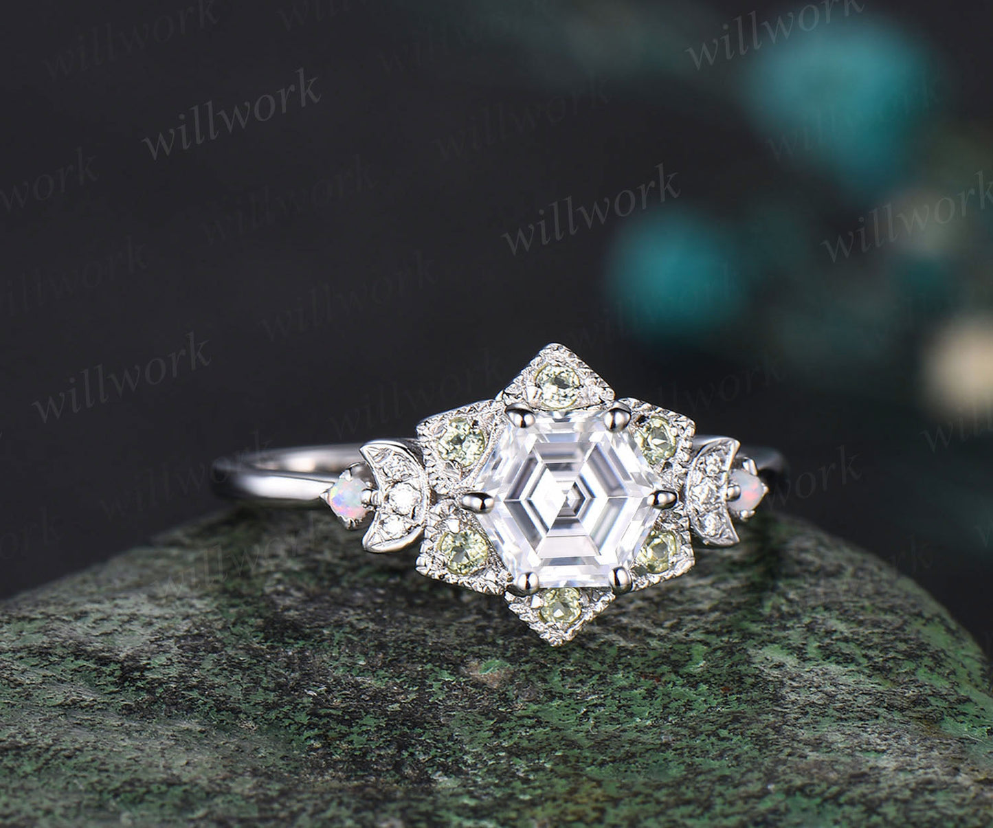 Vintage Hexagon moissanite engagement ring Unique 14K white Gold Floral moissanite Halo Wedding Promise Ring Natural Peridot Anniversary Ring
