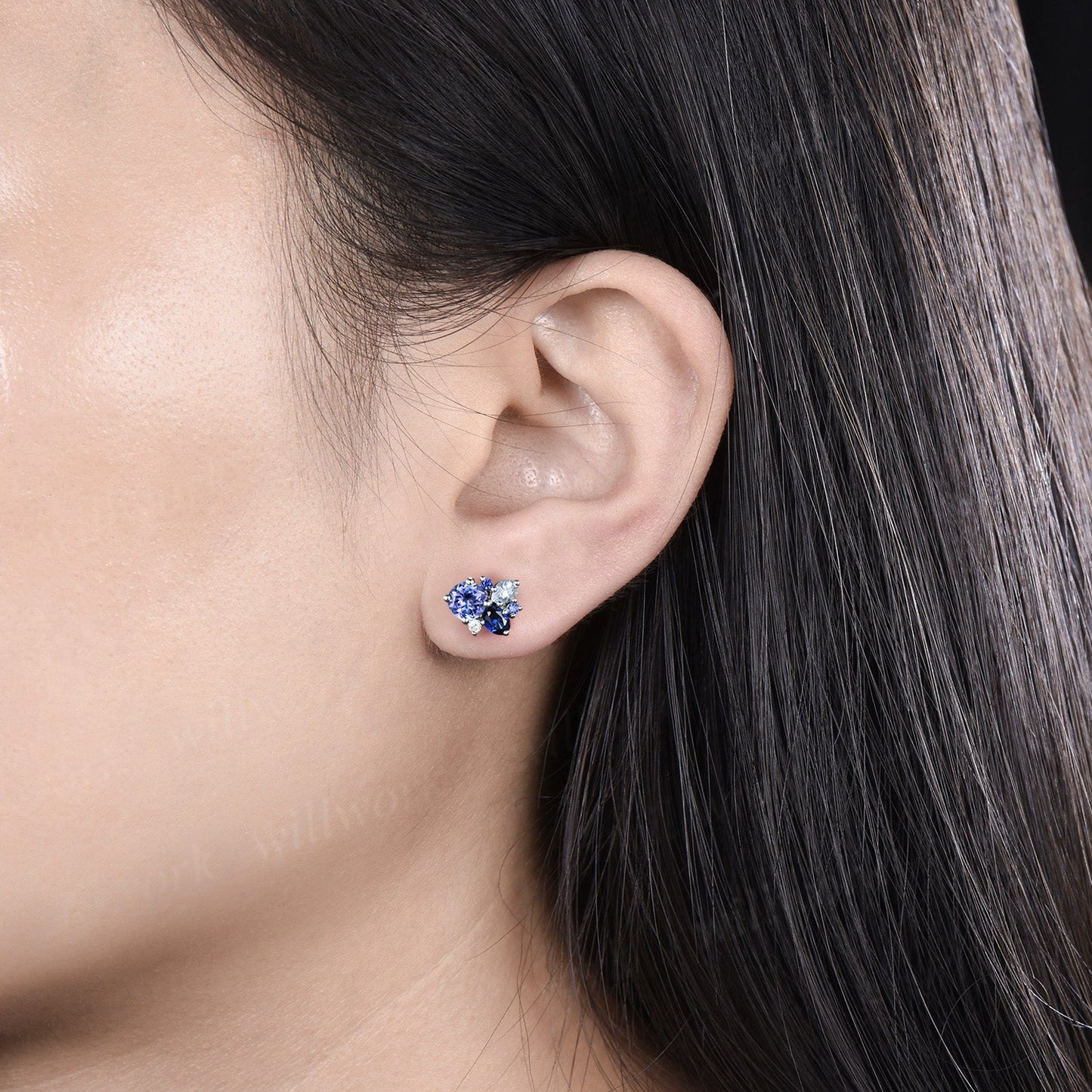 Dainty Round Cut Natural Tanzanite Stud Earrings 14K white Gold Blue Sapphire Aquamarine Cluster Multi-Stone Earrings December Birthstone Earrings