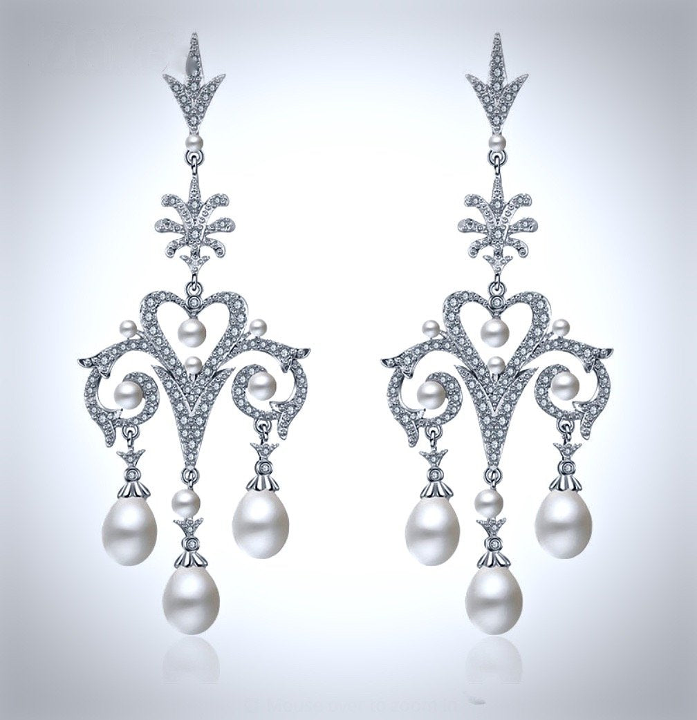 "Kacy" - Pearl and Cubic Zirconia Bridal Earrings