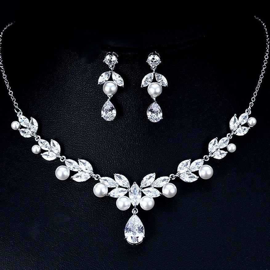 Irene - Silver Cubic Zirconia and Pearl Bridal Jewelry Set