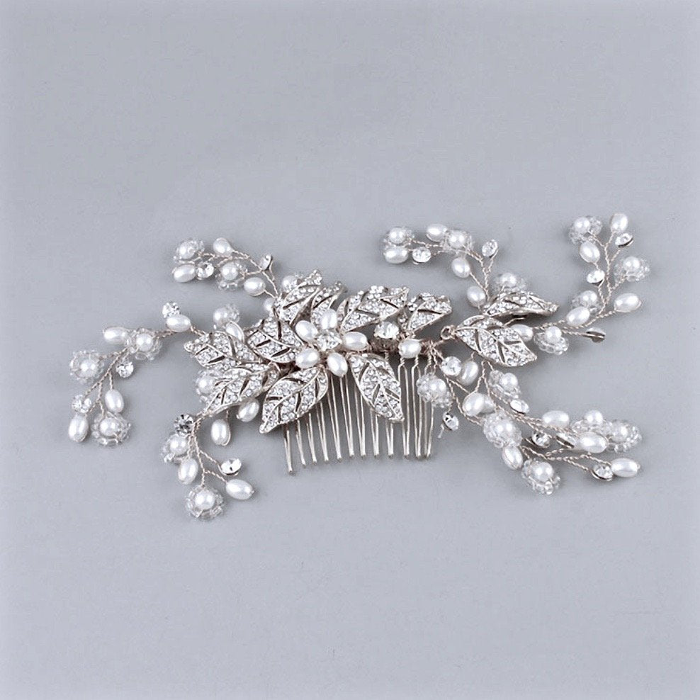 Lynn - Pearl and Crystal Bridal Hair Comb - Available in Rose Gold, Silver and Yellow Gold