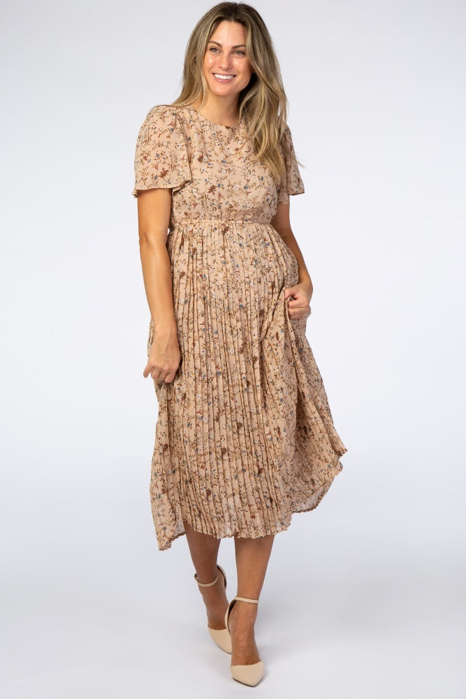 Beige Floral Pleated Chiffon Midi Dress