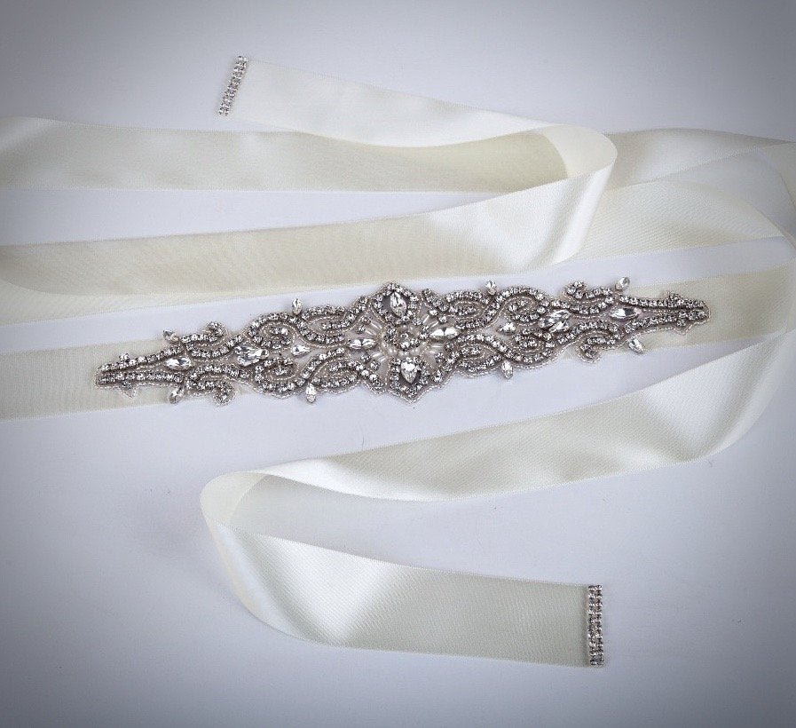 Linda - Wedding Silver Crystal and Pearls Belt/Sash