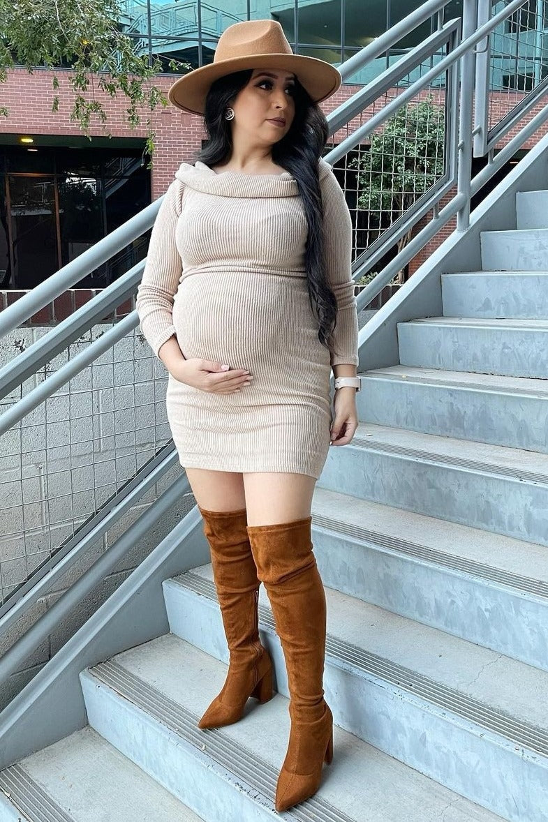 Mocha Soft Ribbed Folded Neck Off Shoulder Maternity Dress
