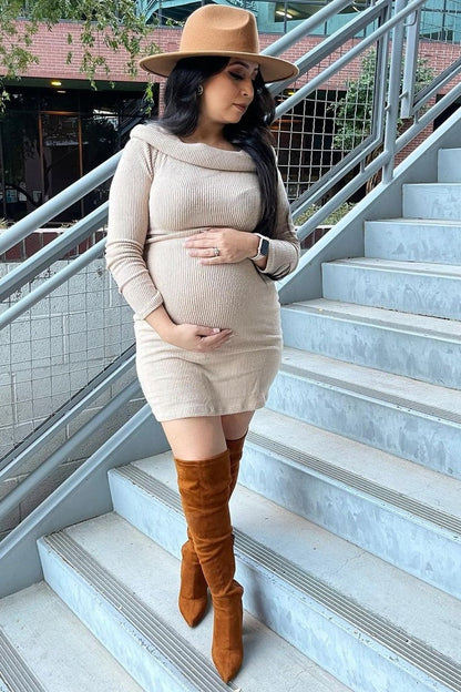 Mocha Soft Ribbed Folded Neck Off Shoulder Maternity Dress
