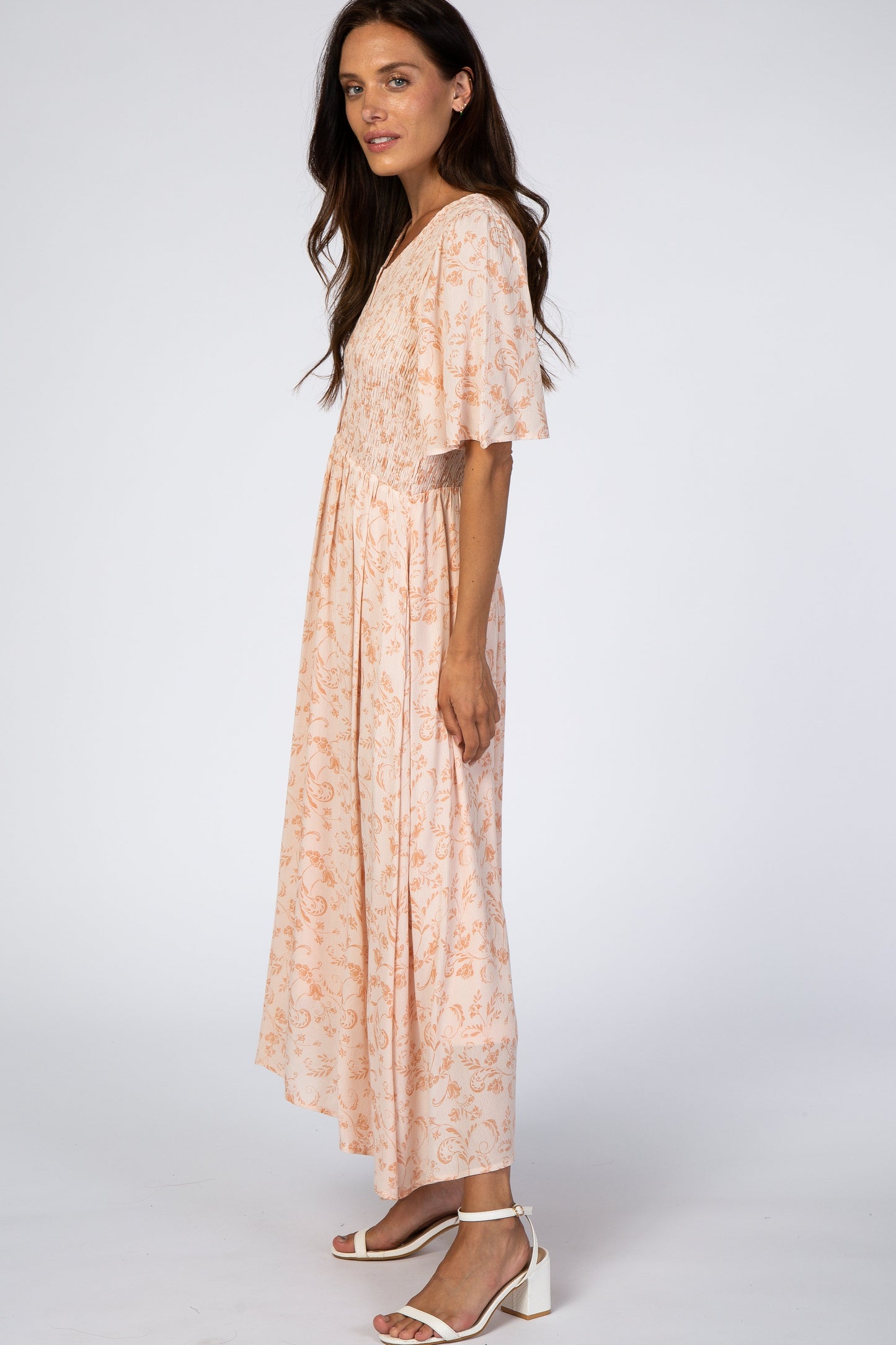 Peach Floral Button Front Smocked Midi Dress
