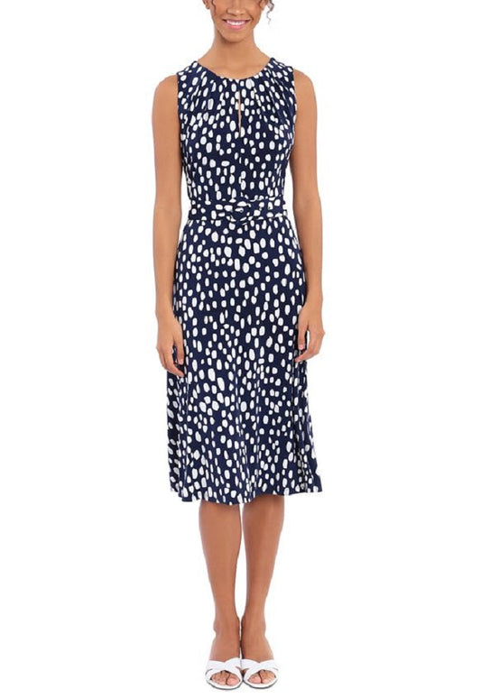 London Times Women's Pleated Neck Belted Dress Blue Size 6Petite