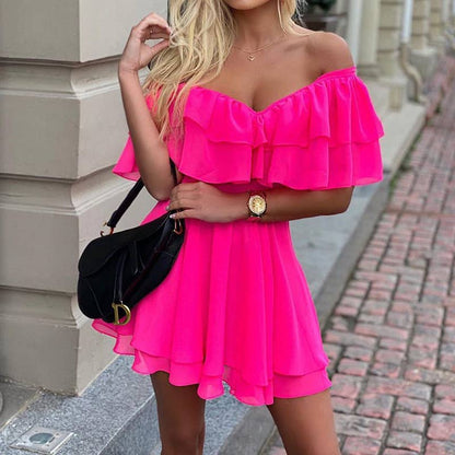 Chiffon Off The Shoulder Ruffle Layered Shirred Nimi Dress
