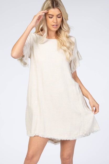 Cream Frayed Trim Back Keyhole Linen Dress