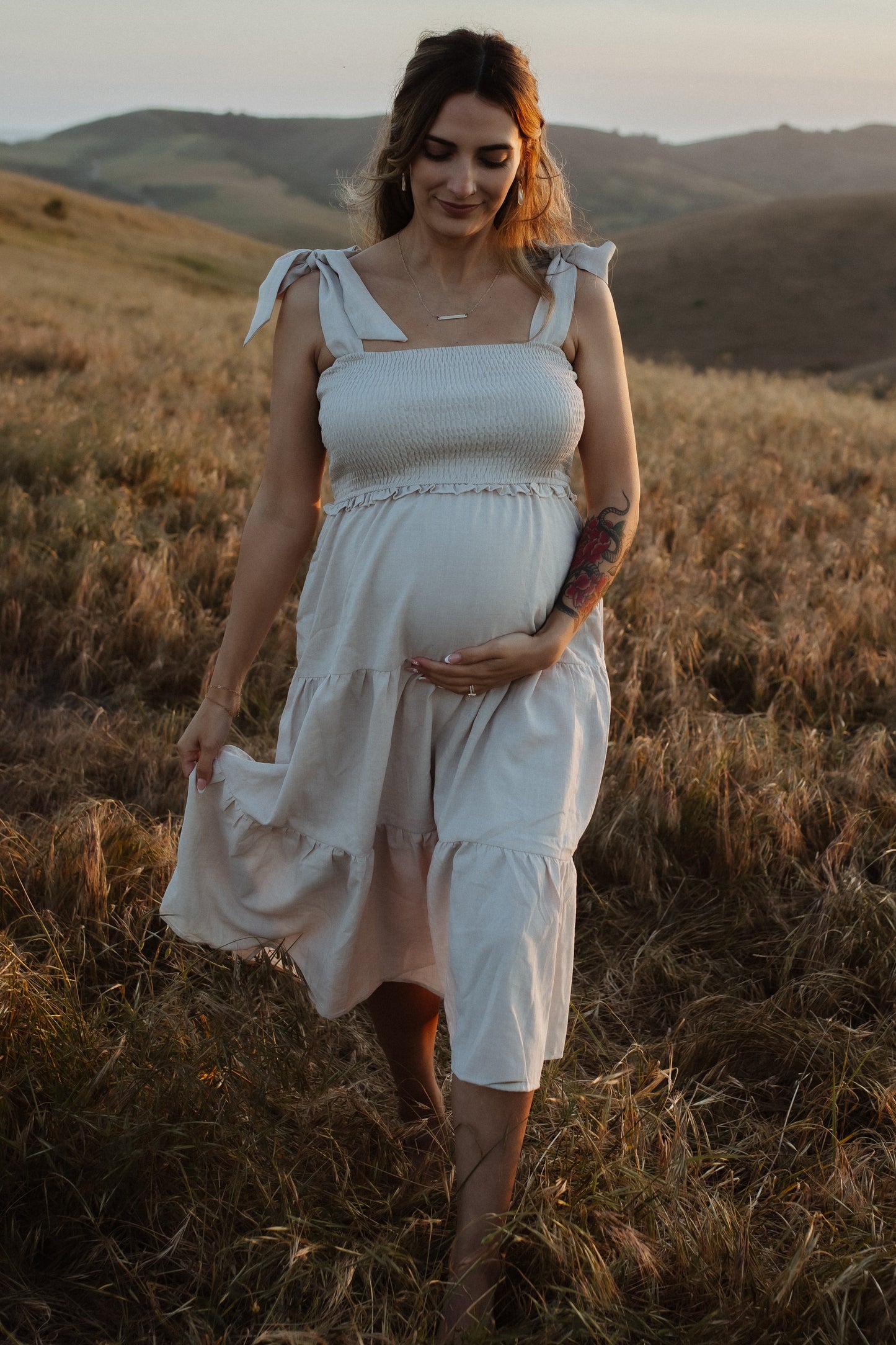 Beige Bow Strap Tiered Maternity Midi Dress