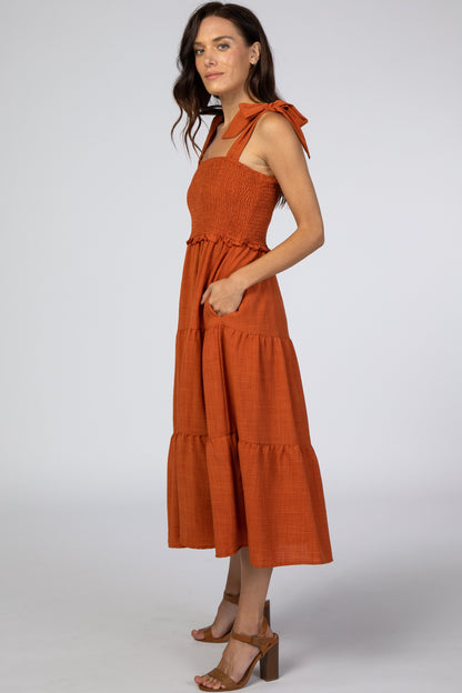 Rust Bow Strap Tiered Midi Dress